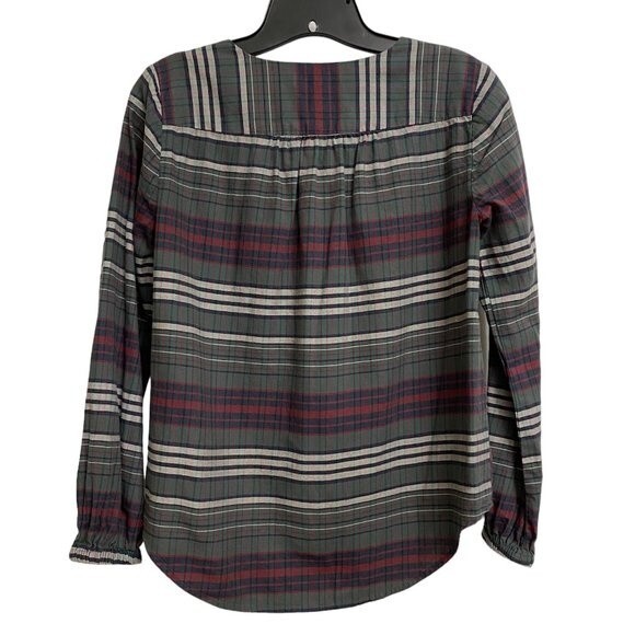 Madewell V-Neck Button-Down Shirt Sz XS Green White Plaid Cotton Neutral Earthy - Picture 3 of 14